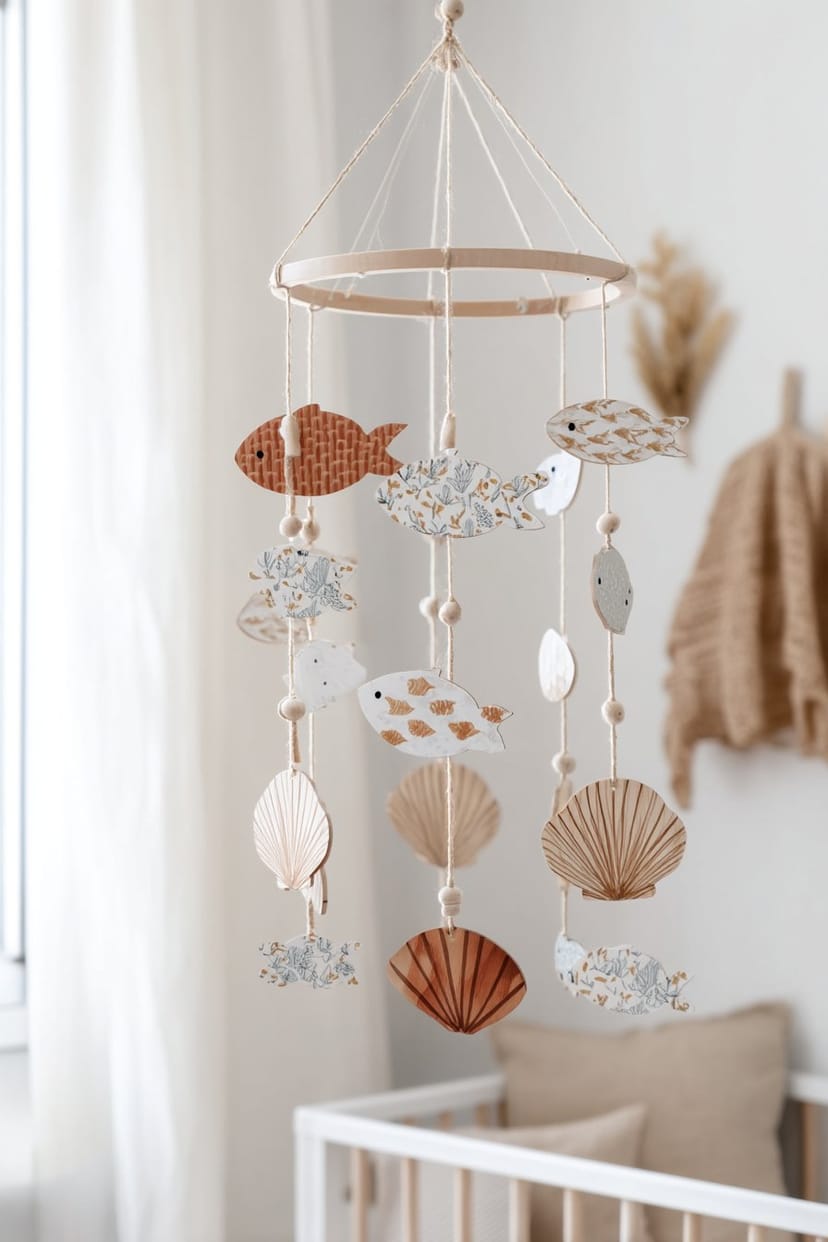 Detailansicht Mobile mit Holzfischen und Muscheln
