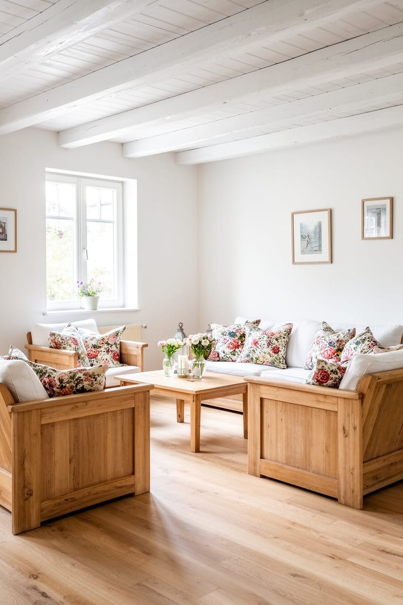 Helles Landhaus Wohnzimmer mit weißen Deckenbalken