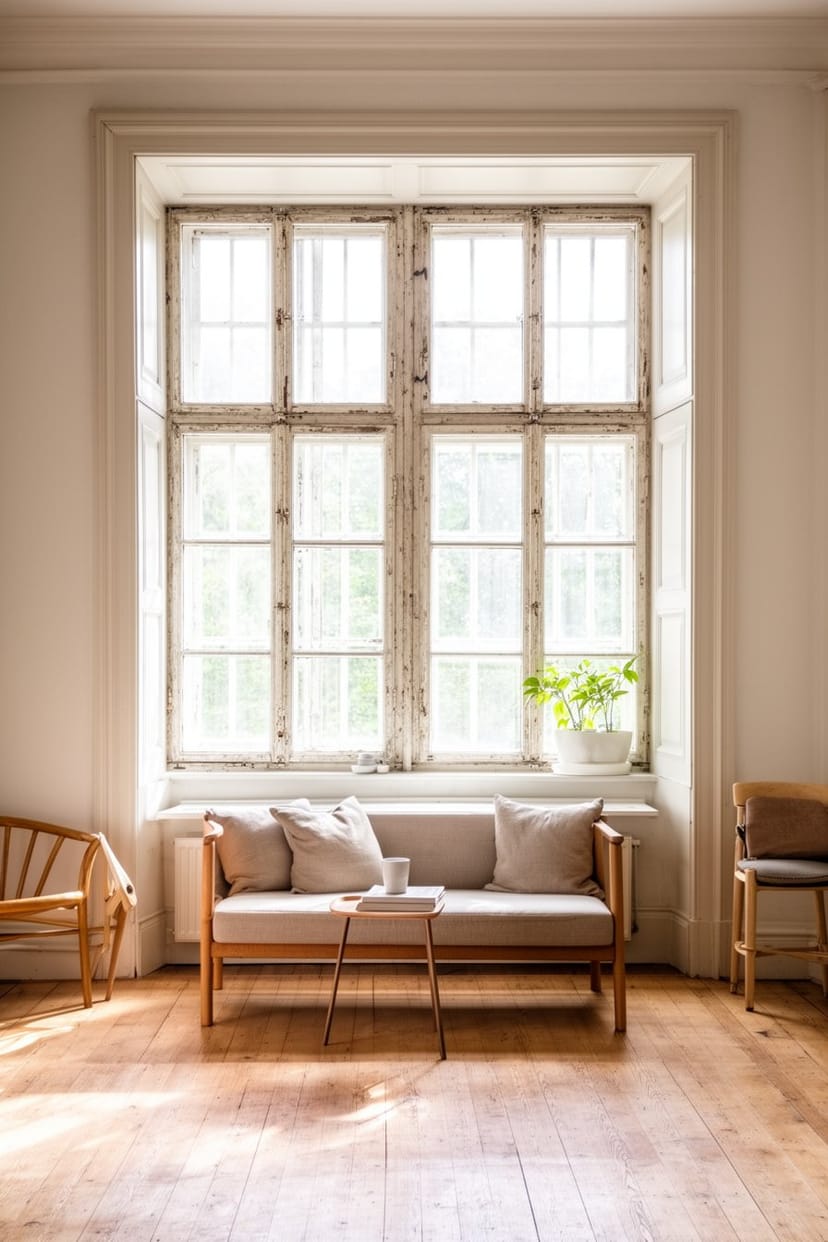 Helles Wohnzimmer mit großen Sprossenfenstern im Vintage Landhausstil