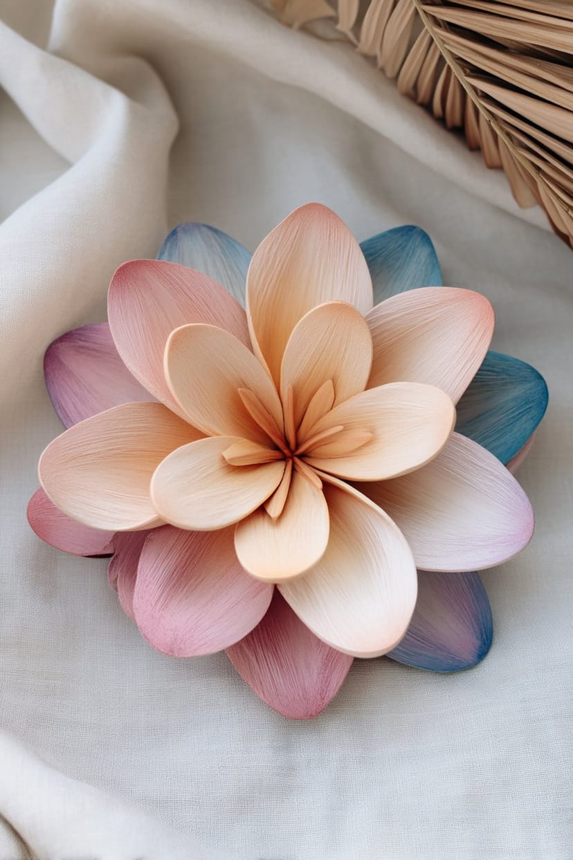 Bunte Holzblume als sommerliche Deko auf Stoff
