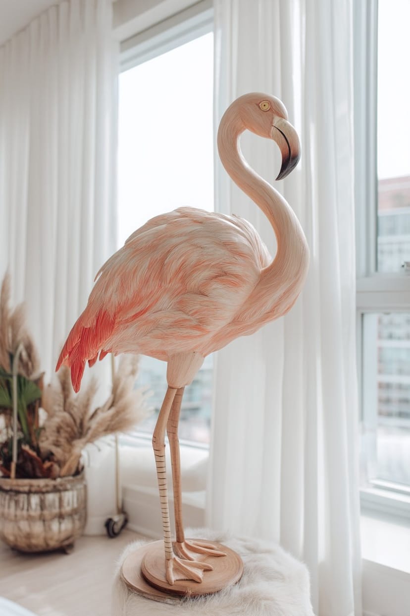 Holzflamingo in Pink als sommerliche Gartendeko
