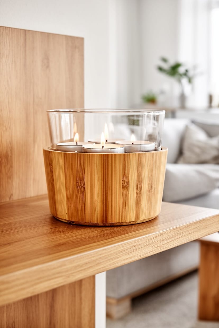 Kerzenhalter aus Glas und Bambus mit Teelichtern im Wohnzimmer