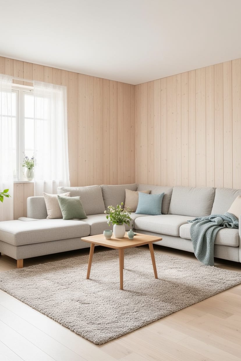 L-förmiges Wohnzimmer mit heller Holzvertäfelung