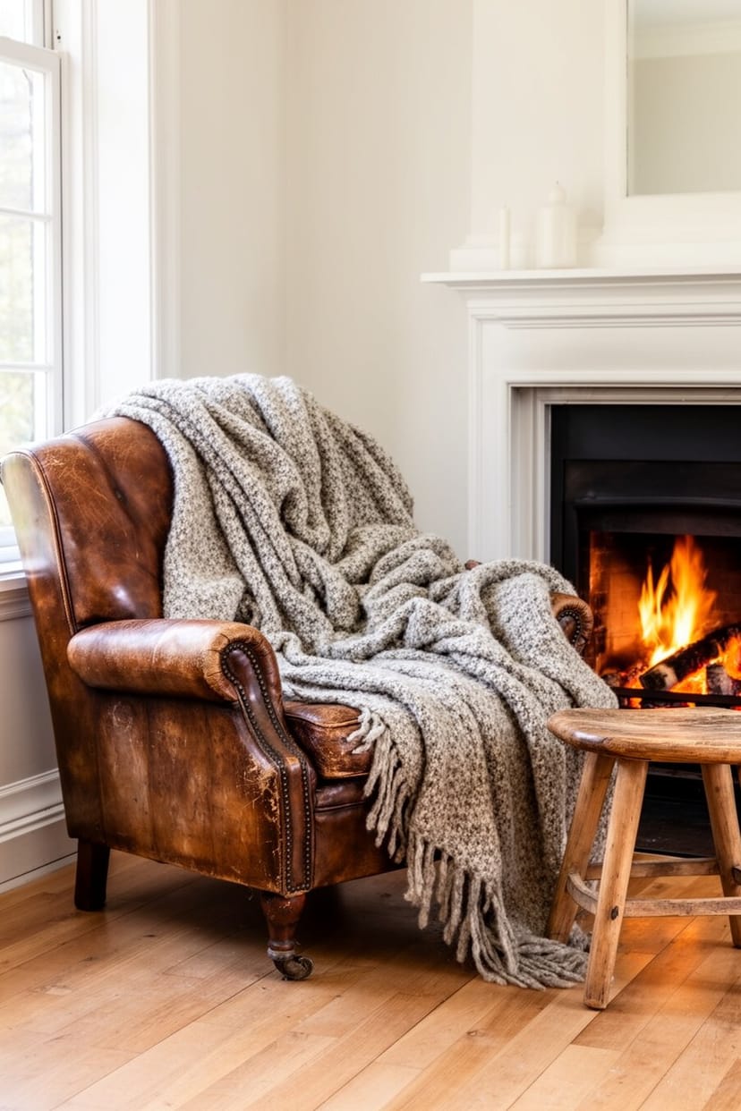 Vintage Wohnzimmer mit Ledersessel, Kamin und Wollplaids