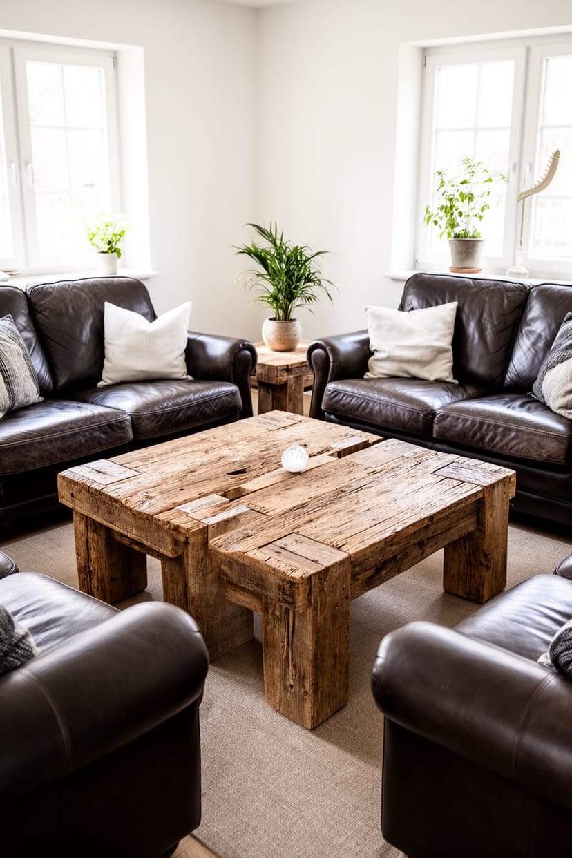 Wohnzimmer mit Ledersofas und grobem Holztisch