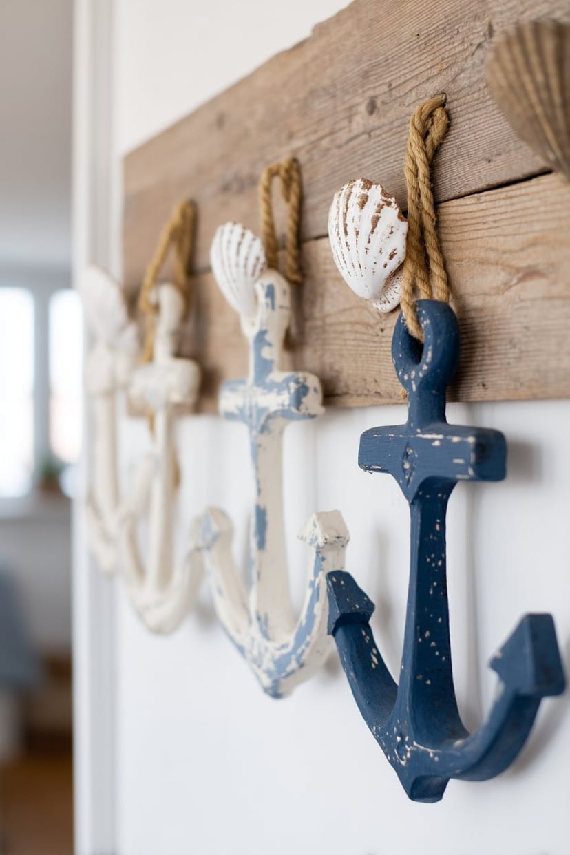 Maritim bemalte Holz-Wandhaken in Blau und Weiß