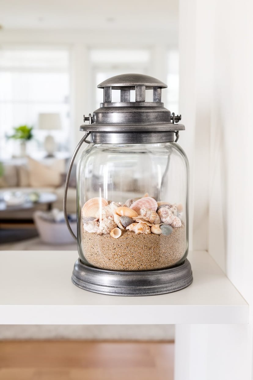 Maritime Laterne mit Sand und Muscheln als Wohnzimmerdeko