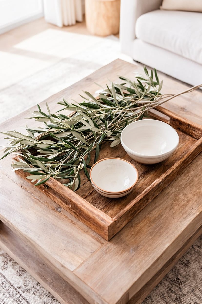 Mediterrane Tischdeko mit Olivenzweigen im Wohnzimmer