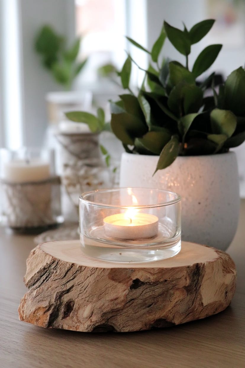 Holzscheiben mit Teelichtern als sommerliche Tischdeko