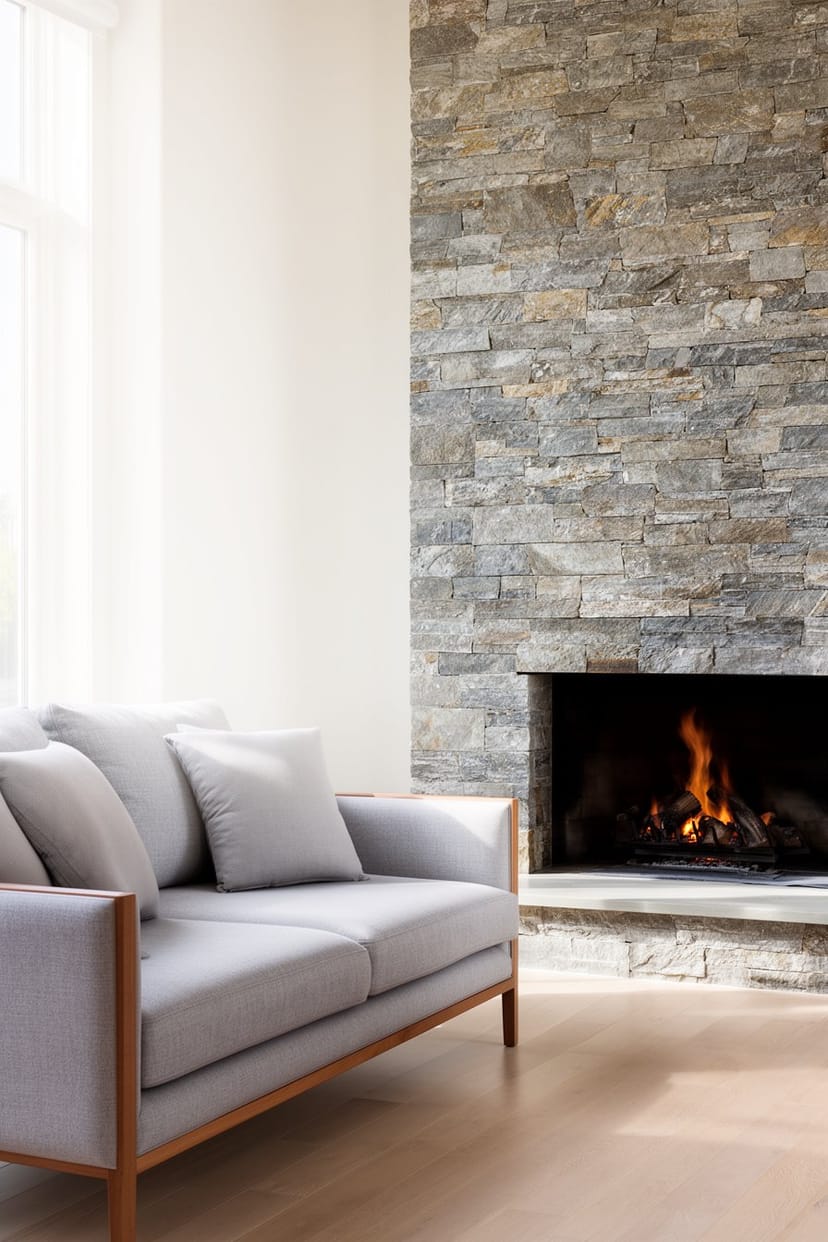 Moderne Sofaecke neben offenem Kamin im Landhausstil