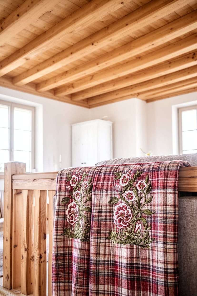 Naturholzdecke und bestickte Plaids im Landhaus Wohnzimmer
