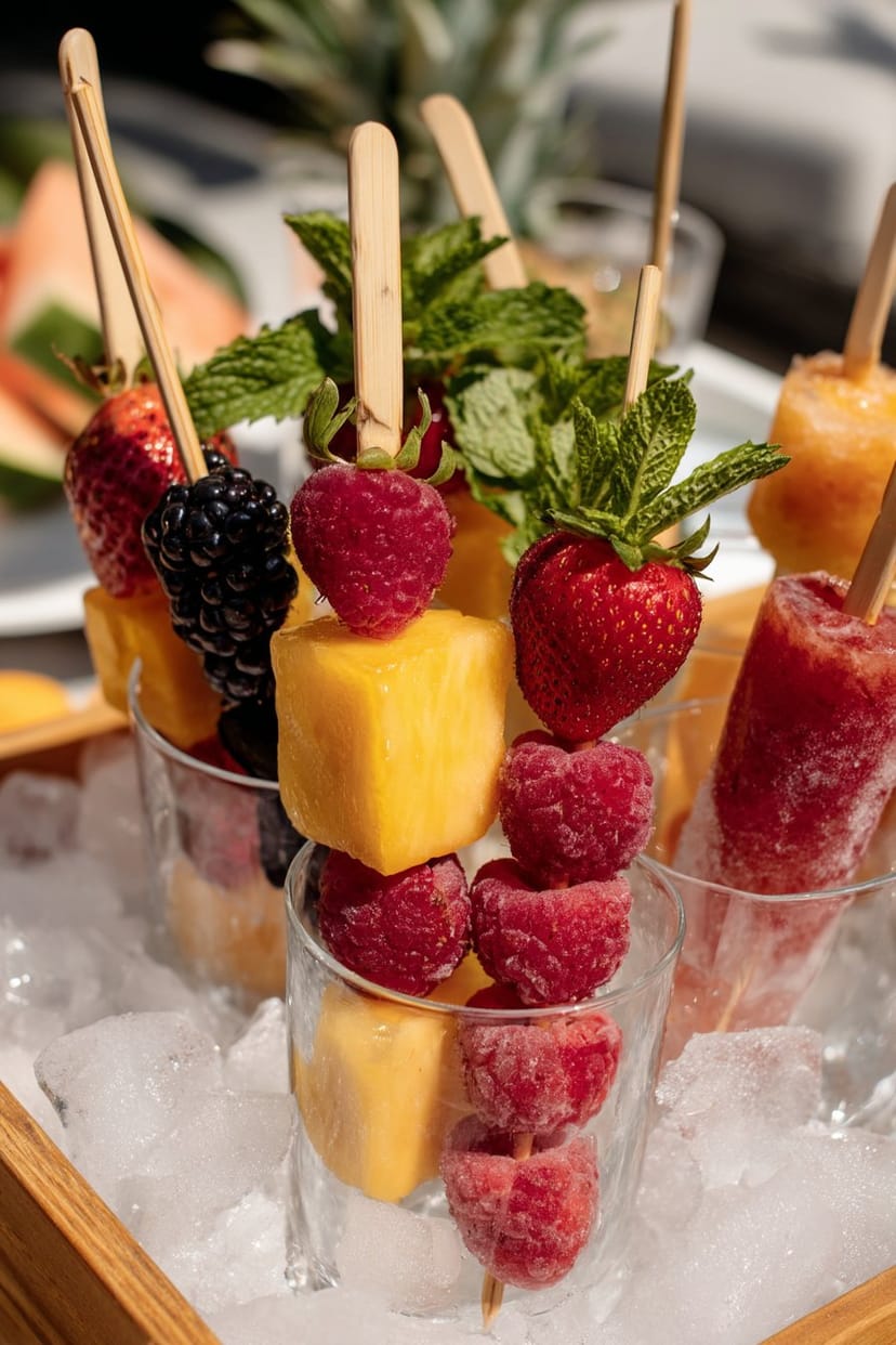 Obstspieße auf Eis im Glas als Sommer Tischdeko