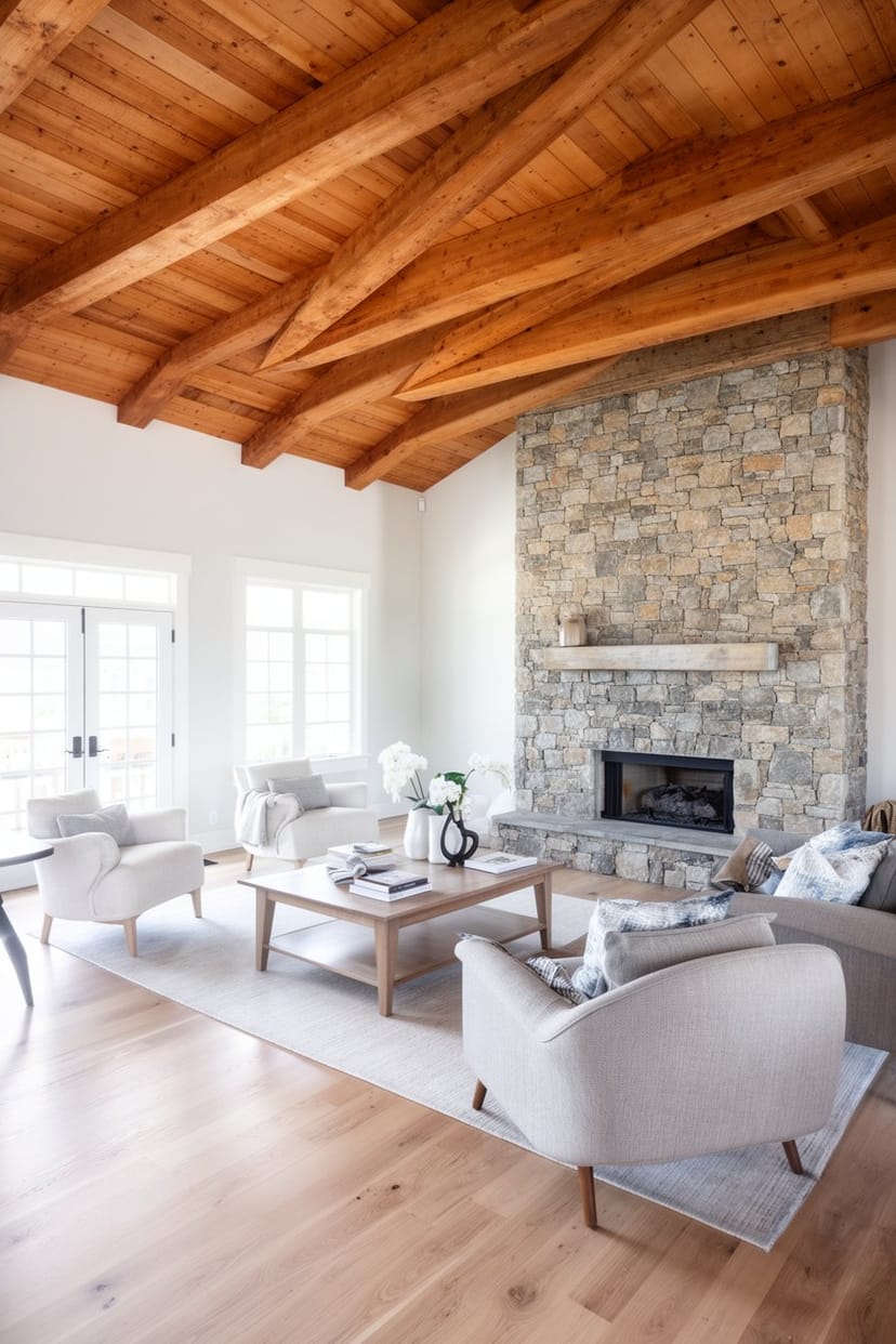 Modernes Landhaus Wohnzimmer mit Balkendecke und Kamin