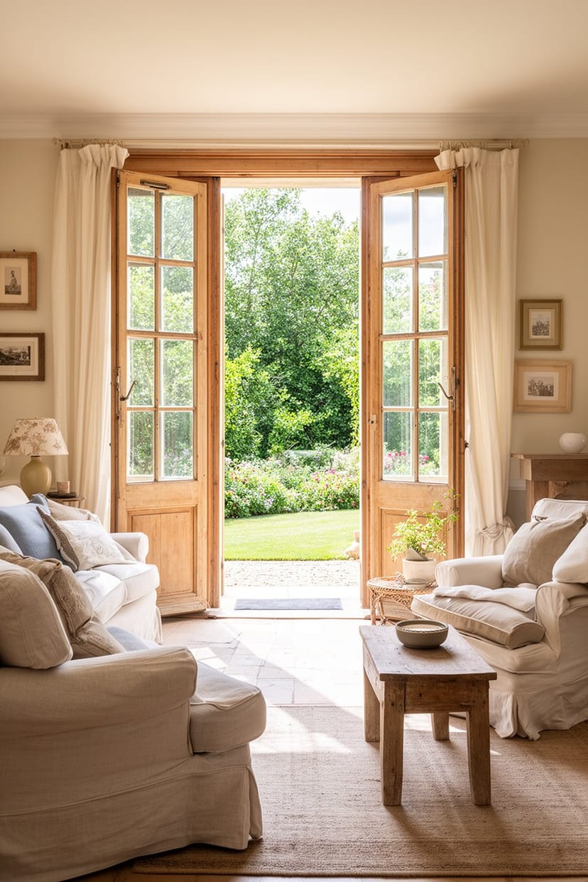 Wohnzimmer Landhausstil mit offenen Türen zum Garten