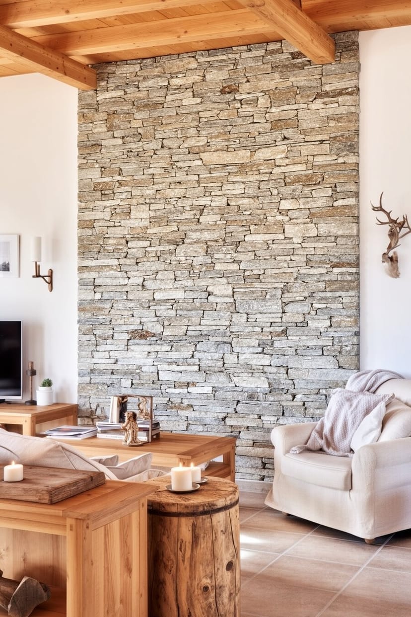 Rustikales Wohnzimmer mit Natursteinwand und Holzmöbeln