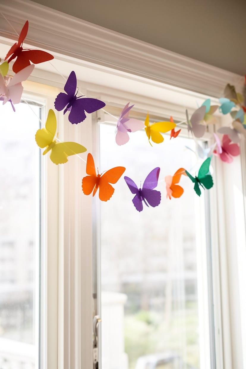 Papier-Schmetterlings-Girlande am Wohnzimmerfenster, bunte Sommerdeko