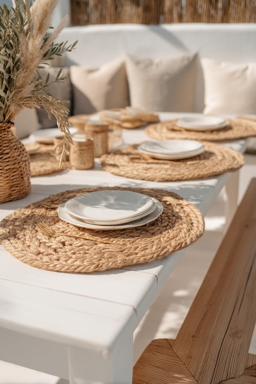 Jute Platzsets unter Geschirr auf Gartentisch