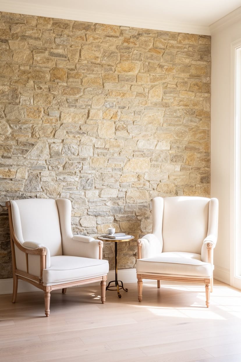 Französisches Landhaus Wohnzimmer mit Steinwand und Sesseln