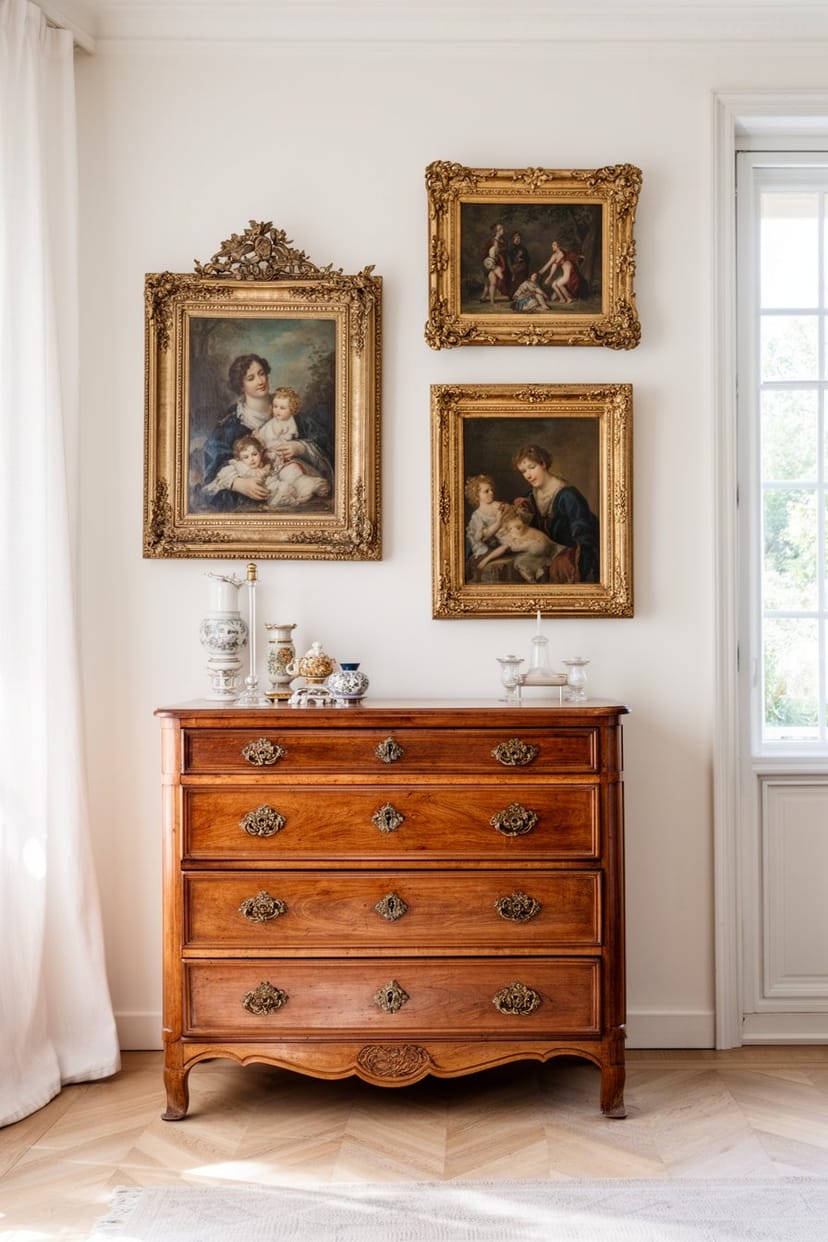 Wohnzimmer mit Vintage-Kommode und barocken Gemälden