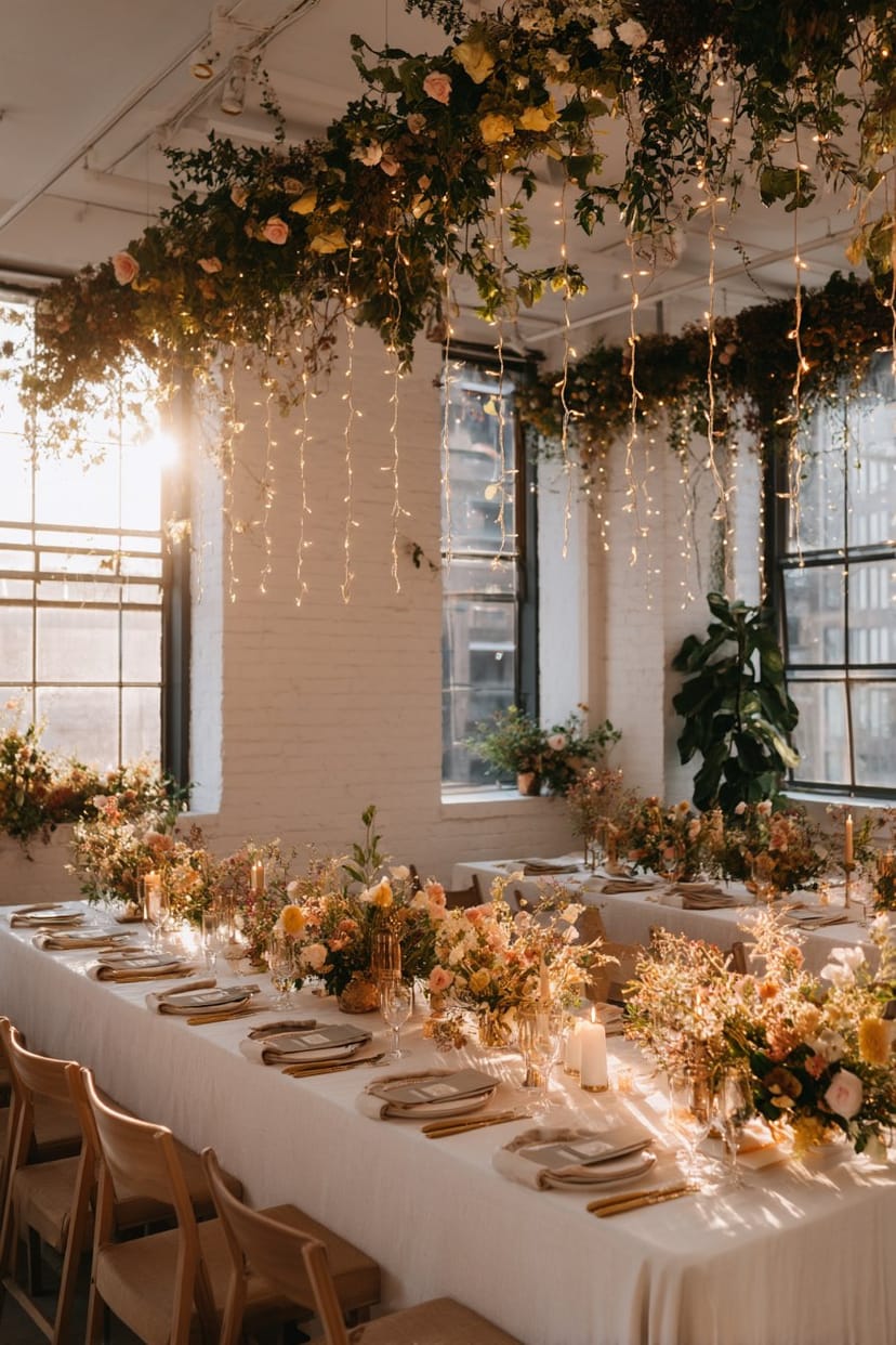 Lichterketten und Blumen auf Hochzeitstisch im Sommer