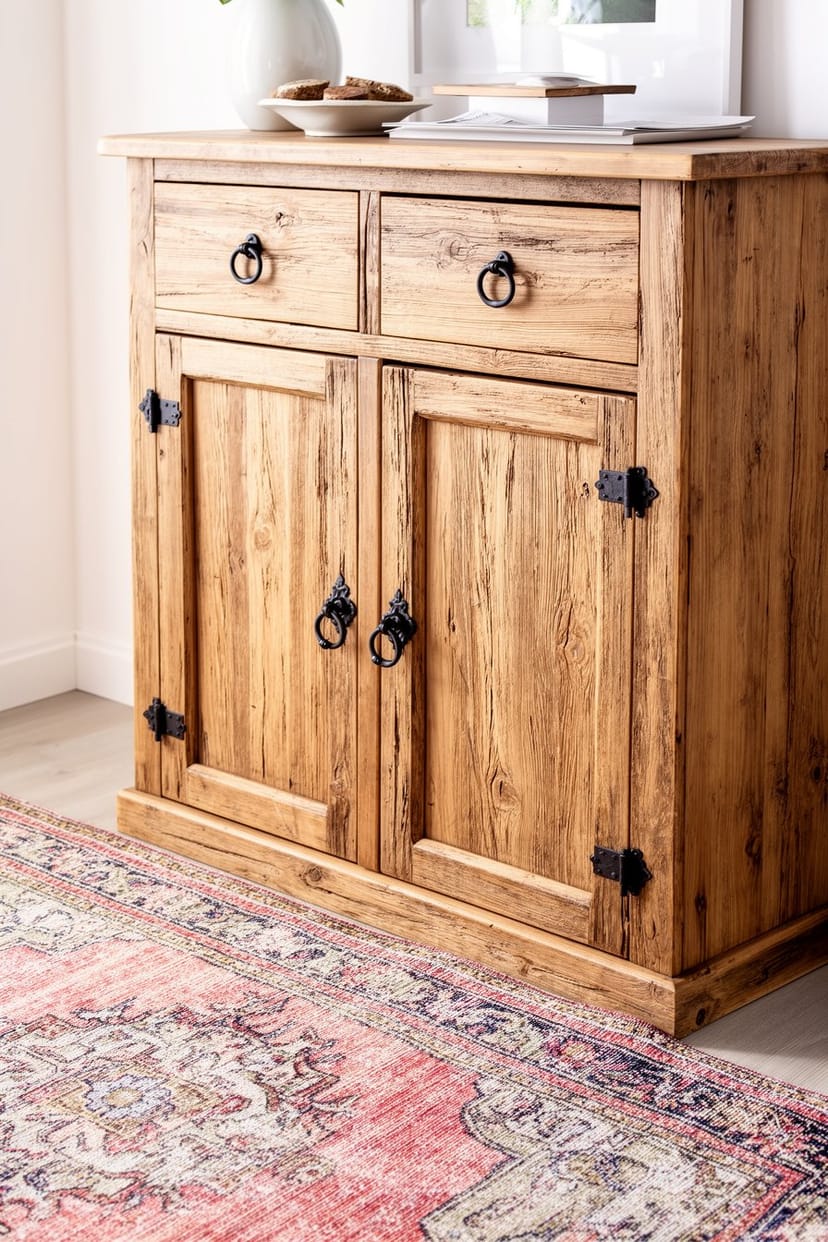Rustikales Sideboard mit Vintage-Teppich im Wohnzimmer