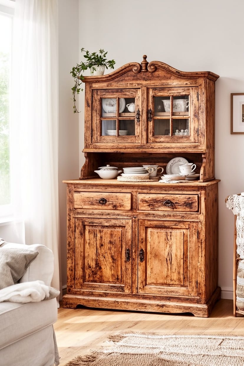 Landhaus Wohnzimmer mit altem Buffetschrank und Country-Deko