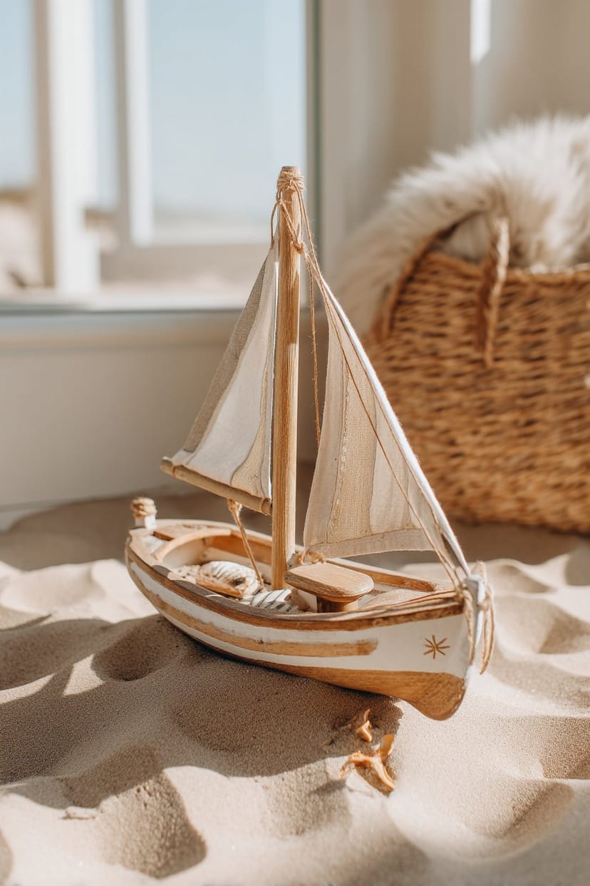 Kleines bemaltes Holzboot als Sommerdeko