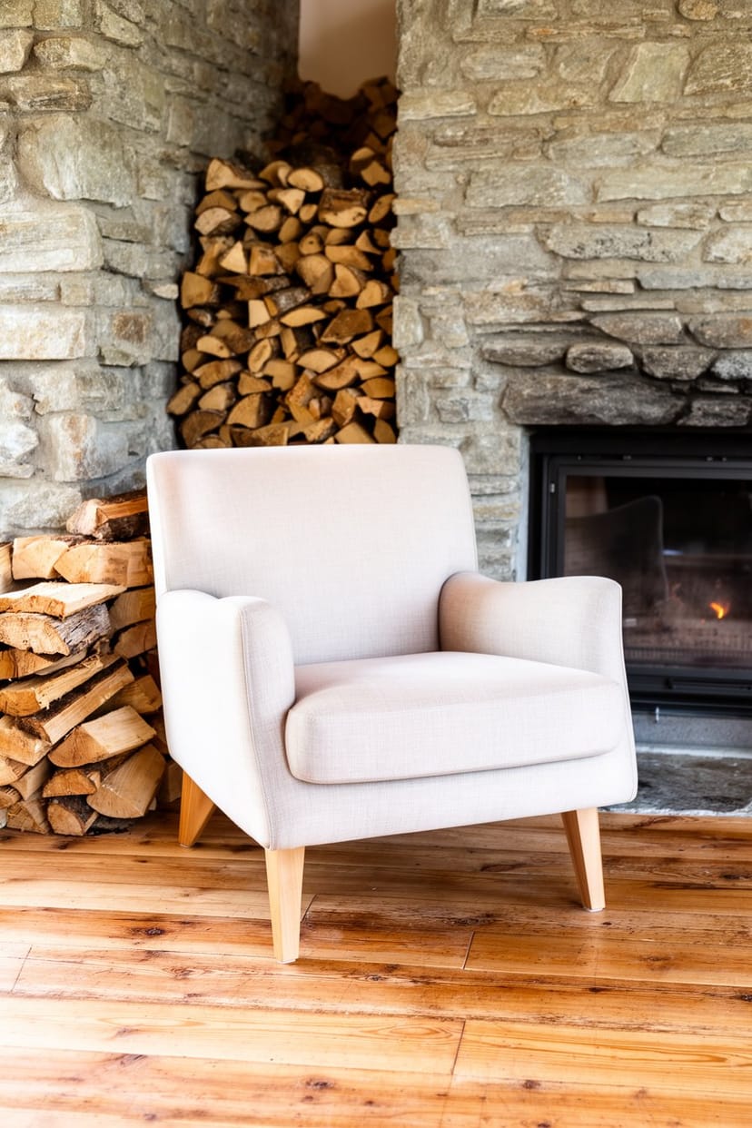 Sessel am Kamin mit gestapeltem Holz im Landhausstil