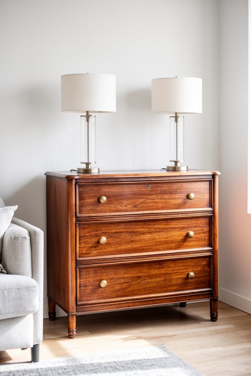 Vintage-Kommode mit modernen Lampen im Landhaus Wohnzimmer