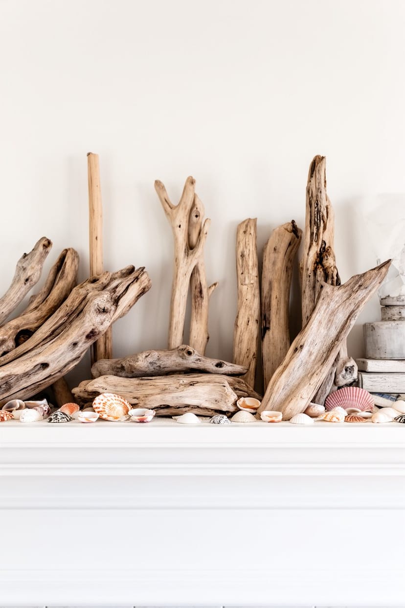 Treibholz und Muscheln als Stranddeko im Wohnzimmer
