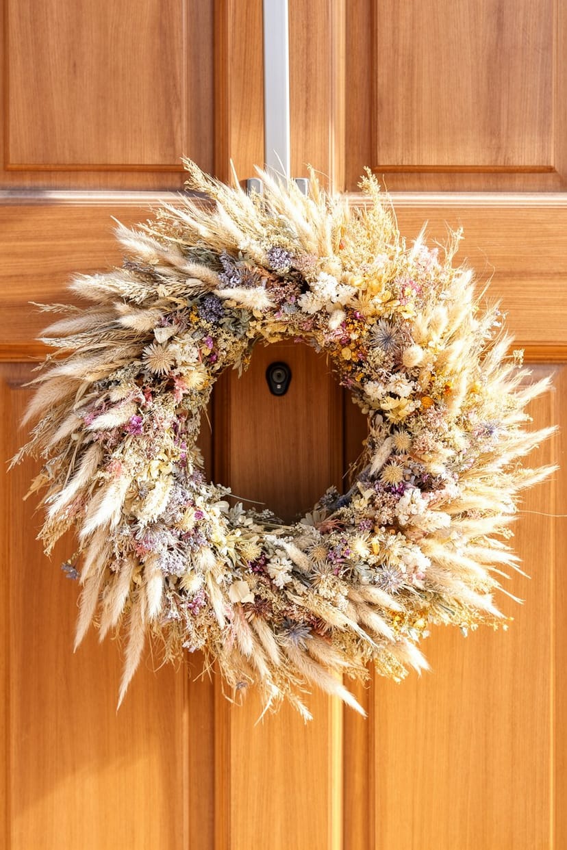 Türkranz aus getrockneten Blumen und Gräsern an Holztür