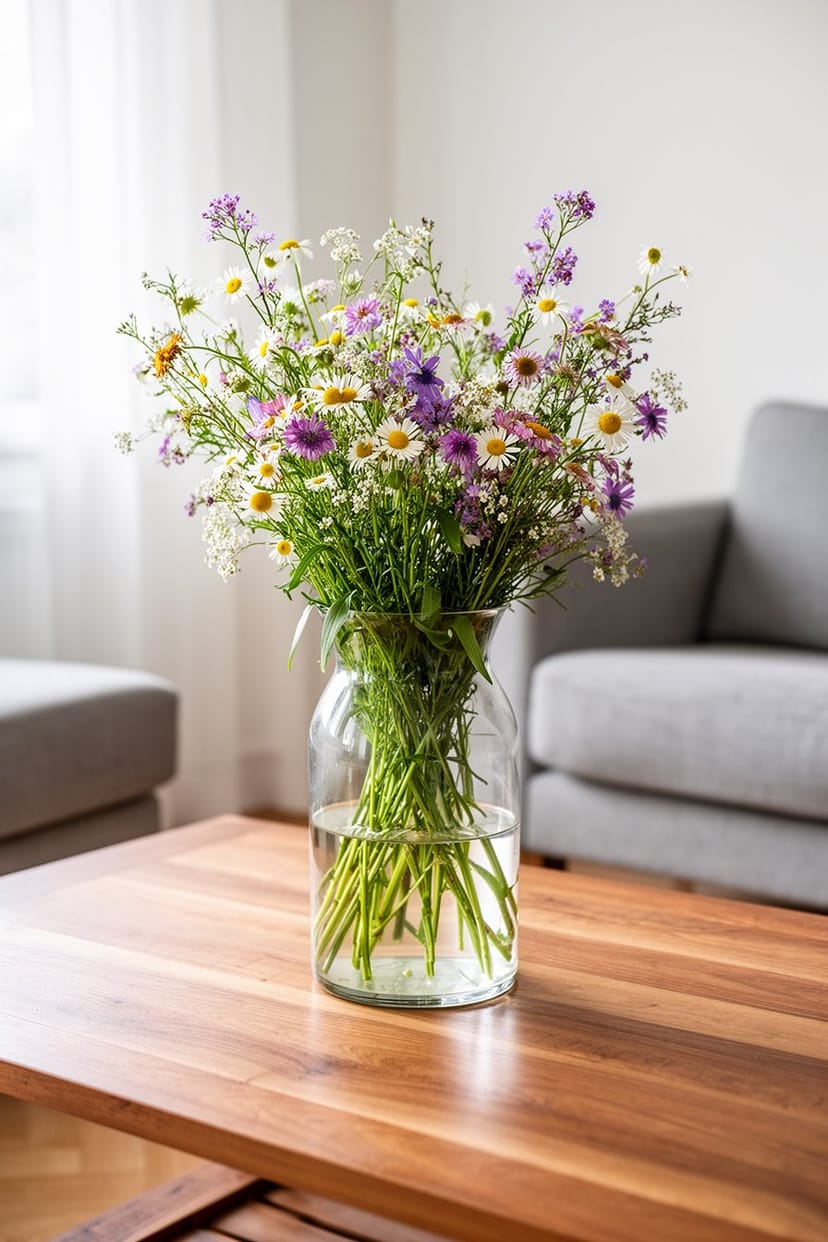 Wildblumen in Glasvase auf Couchtisch Wohnzimmer