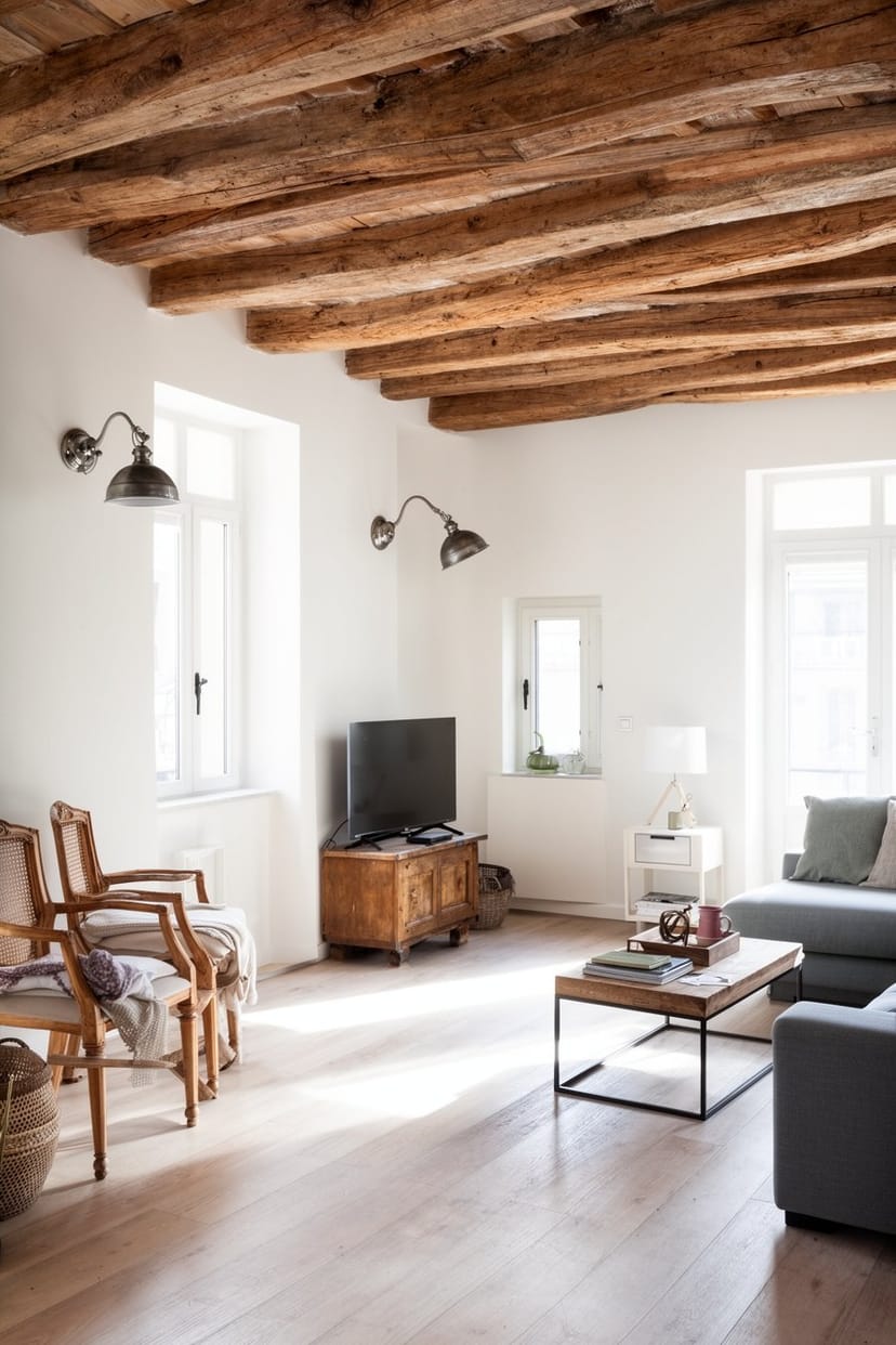 Loft Wohnzimmer mit Holzbalken und Wandlampen