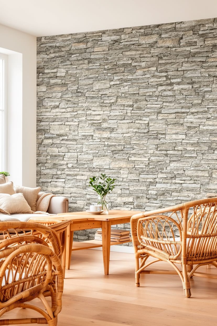 Wohnzimmer mit Steinoptik-Tapete und natürlichen Möbeln