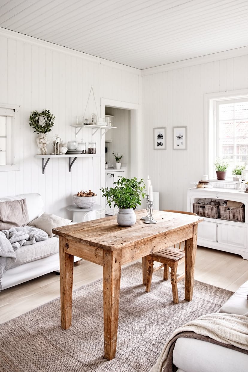 Wohnzimmer mit weißen Holzwänden im Landhausstil