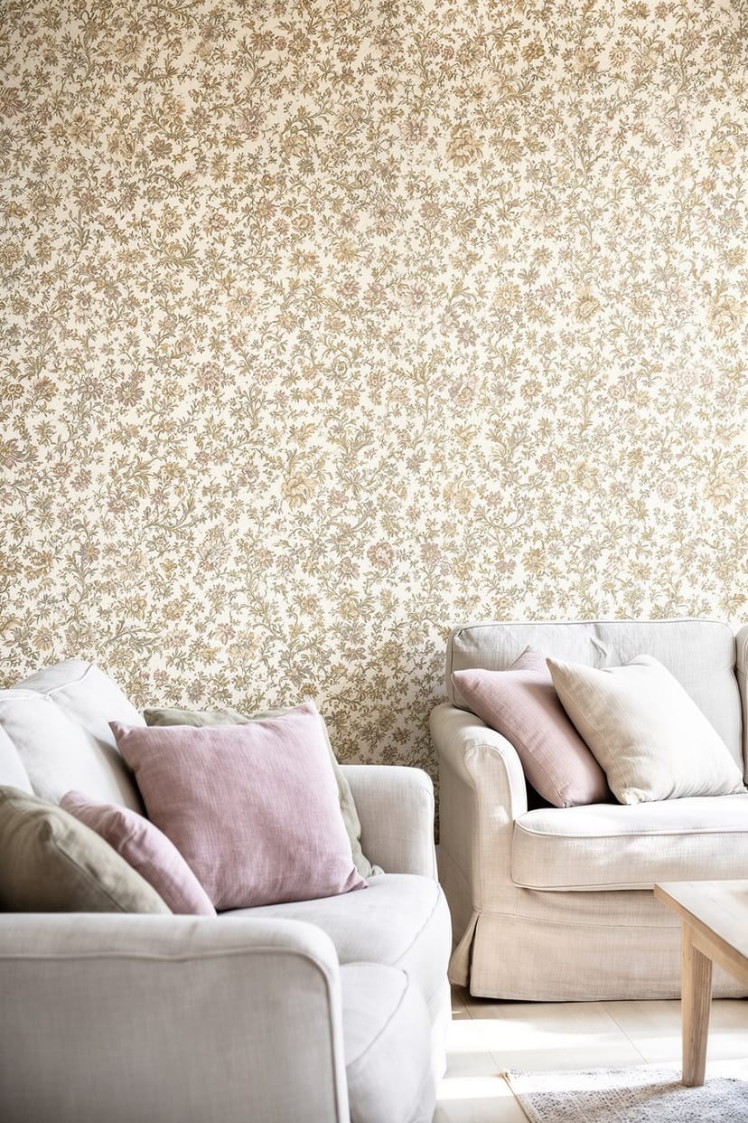 Wohnzimmer mit textil wirkender Vintage-Tapete und Sofaecke