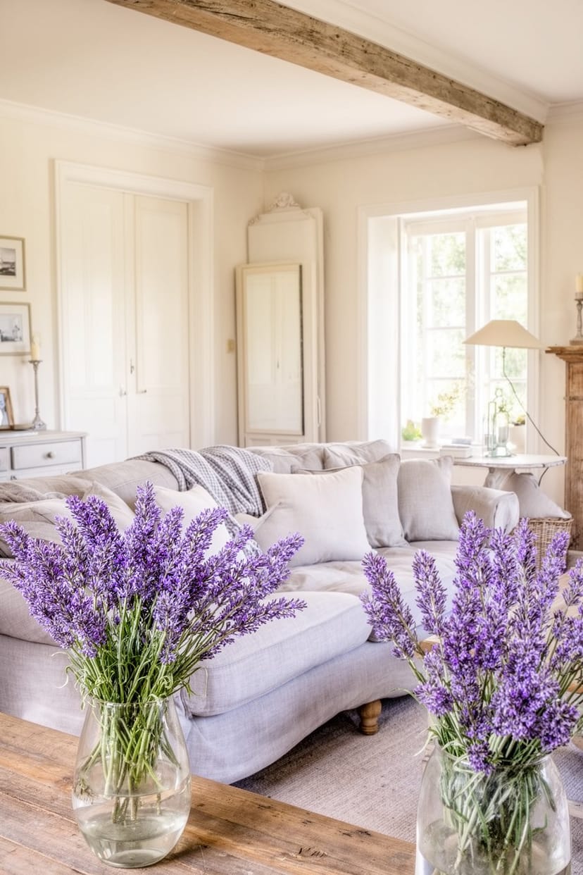 Wohnzimmer mit großer Couch und Lavendel-Deko