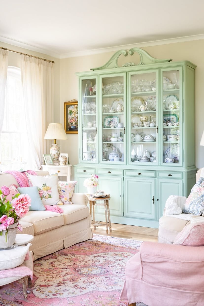 Helles Wohnzimmer mit Pastellfarben und Vitrinenschrank