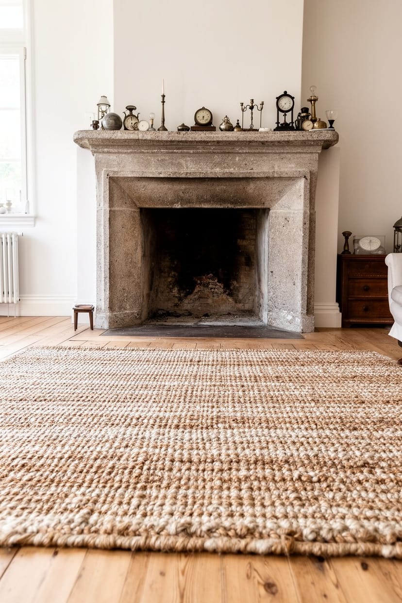 Wohnzimmer im Vintage Landhausstil mit Kaminsims und Wollteppich