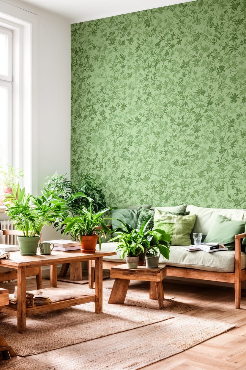 Wohnzimmer mit grüner Landhaus-Tapete und Holzmöbeln