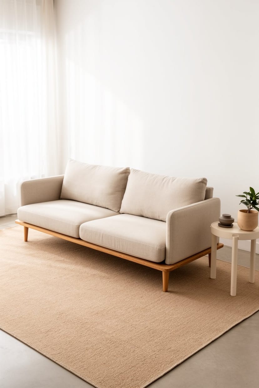 Modernes Wohnzimmer mit beigem Teppich und neutralem Sofa