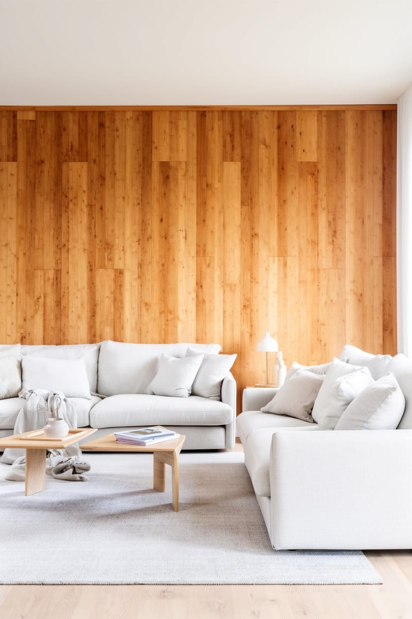 Skandi Landhaus Wohnzimmer mit Holzwand und hellen Sofas