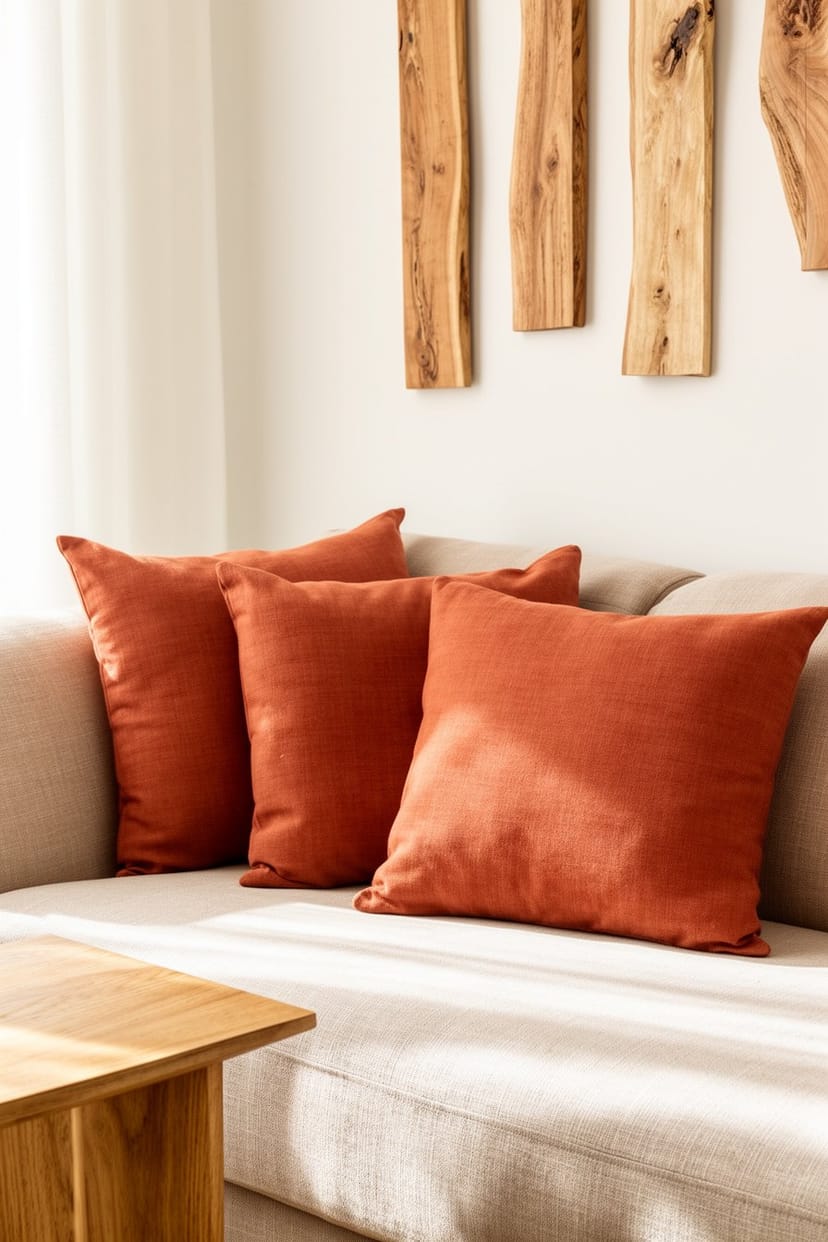 Wohnzimmer mit Terrakotta-Kissen und Holzelementen
