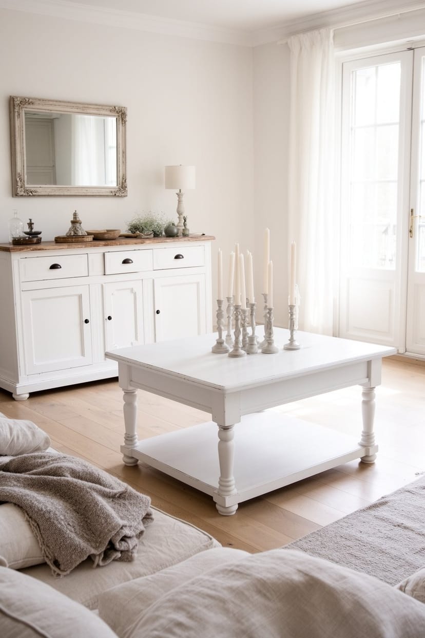 Wohnzimmer im französischen Landhausstil mit weißen Holzmöbeln und Kerzenständern
