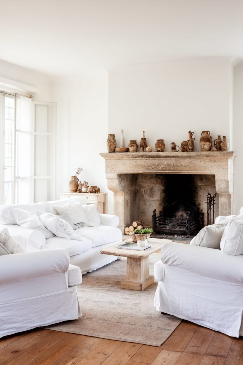 Französisches Landhaus Wohnzimmer mit weißen Vintage-Sofas und Kamin
