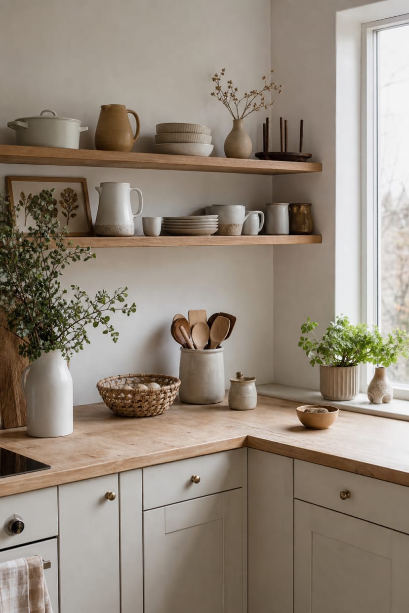 Beige L-Landhausküche offene Regale
