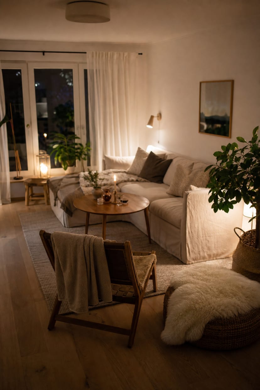 Wolldecke über Stuhl mit Lammfell pouf