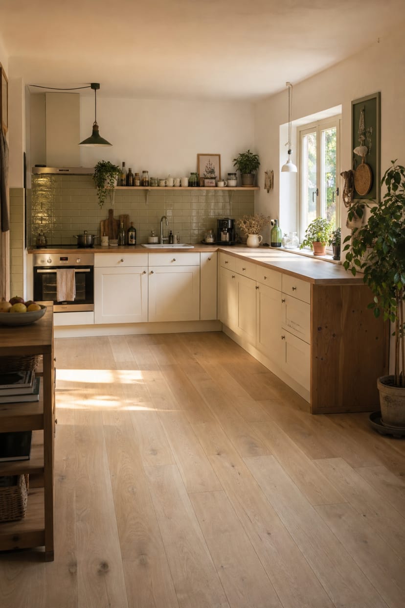 L foermige Landhauskueche mit hellen Holzboden