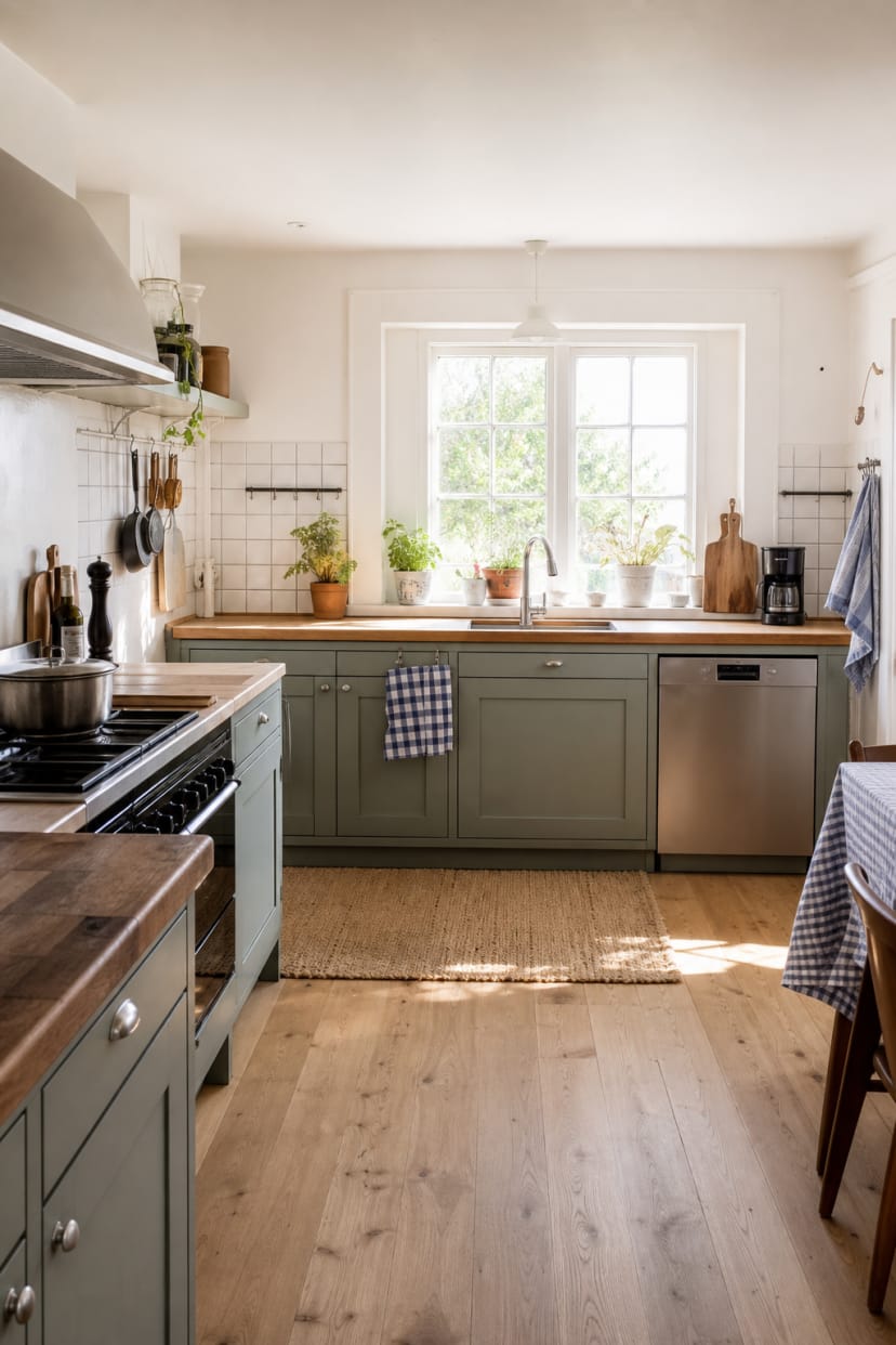 L-förmige Landhausküche mit Fenster über Spüle