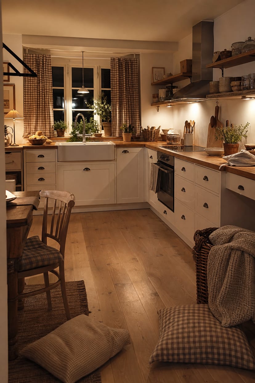 L‑förmige Küche mit warmer Beleuchtung und Holzdekor